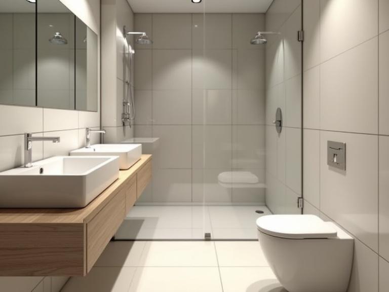 Modern small bathroom interior features a wide-angle view. Two wall-mounted basins placed on the left side with mirrors above them. Single white ceramic toilet seat positioned on the right side. Glass shower enclosure located centrally. Tiled flooring and walls create a cohesive look. Layout remains compact and efficient. Ambient lighting enhances the minimalistic and clean design. Realistic lighting and architectural rendering showcase the modern aesthetic.