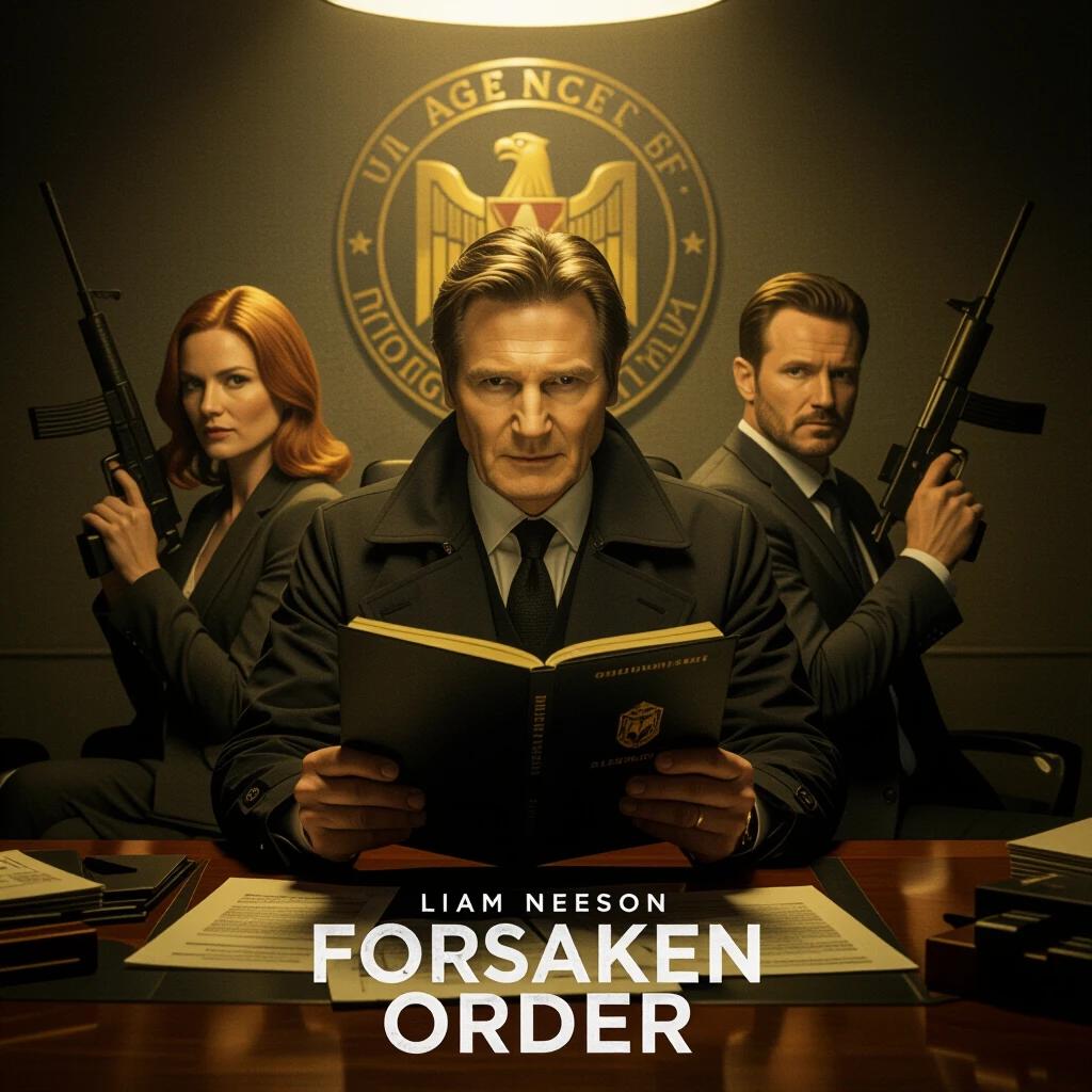 A movie poster for Forsaken Order featuring Liam Neeson as a betrayed intelligence officer.