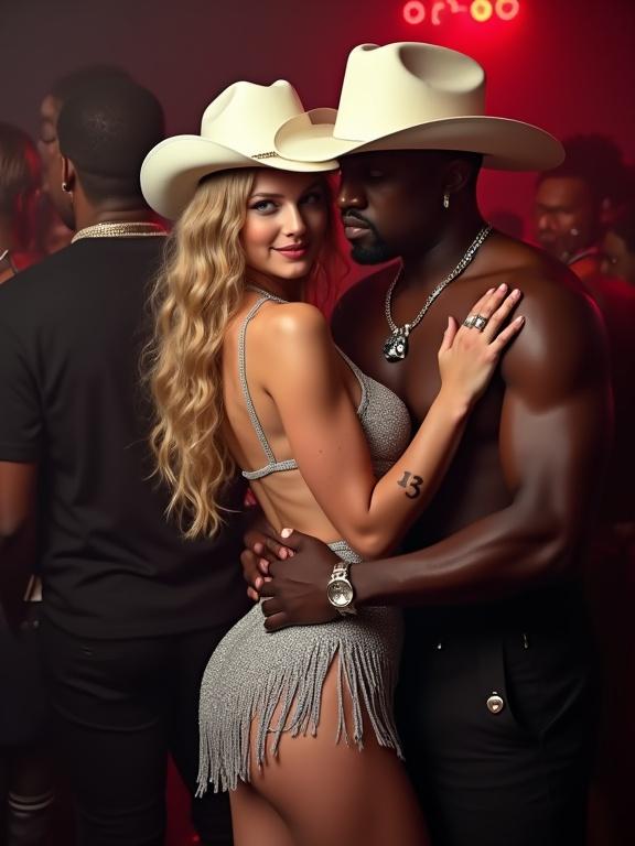 Full body shot of couple in nightclub. Emphasis on the woman's fashionable outfit and man's style. Nightclub atmosphere with crowd in background. Side angle view shows intimacy while highlighting attire.