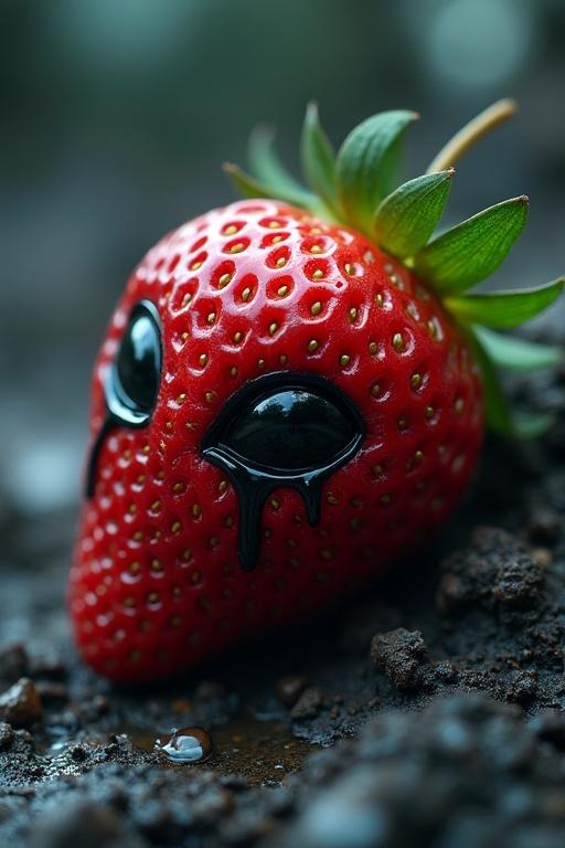 An alien strawberry depicted with black tears in a surreal environment. Features intricate textures and vivid colors with ethereal lighting. Captures emotional intensity in a cinematic scene.