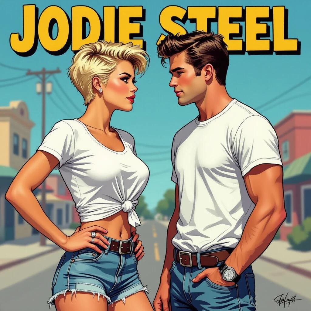 Comic strip style image of Jodie Steel face to face with James Dean. Jodie wears a knotted white shirt and ripped shorts. James wears a plain white t-shirt. Bright colors and strong outlines.