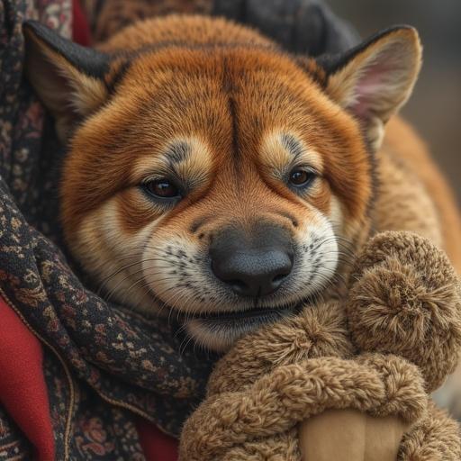 A close-up of an animal with a fox-like appearance cuddling with a human hand. The animal has a warm and inviting expression. Featuring soft textures and a cozy atmosphere.