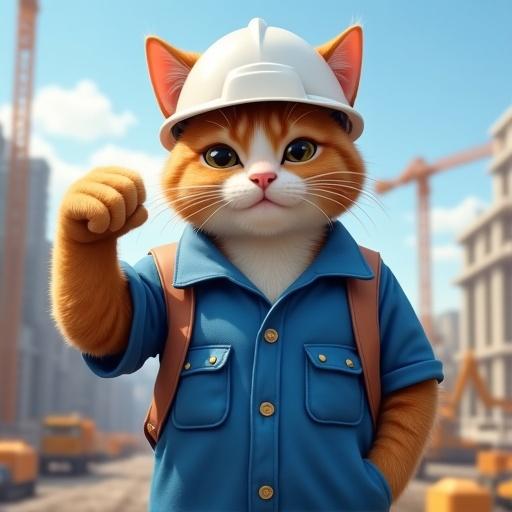 Realistic cat wearing white safety helmet and blue work uniform depicted at a construction site showing confidence with a smirk and fist raised