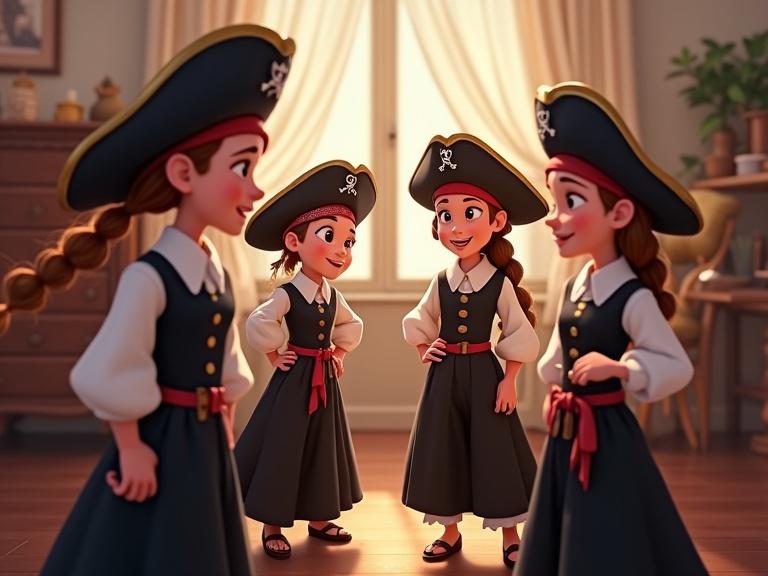 Four pirates interacting in a room. Characters are women wearing modest black dresses and pirate hats. Each pirate has a braid or hair tied back. A fun and magical atmosphere fills the scene. The setting has a soft and warm lighting.