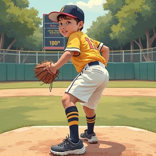 A young child playing baseball on a field. The child wears a yellow uniform and blue cap. The child is in a pitching stance. The background shows a baseball field with trees and scoreboard.