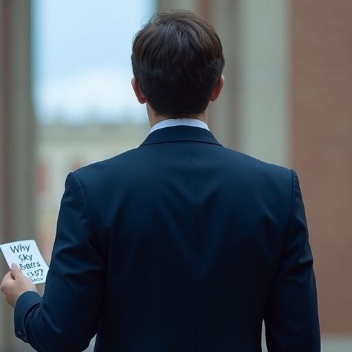 View from behind a person in dark blue suit. Person holds paper with text. Text reads 'Why Sky Seekers?'.