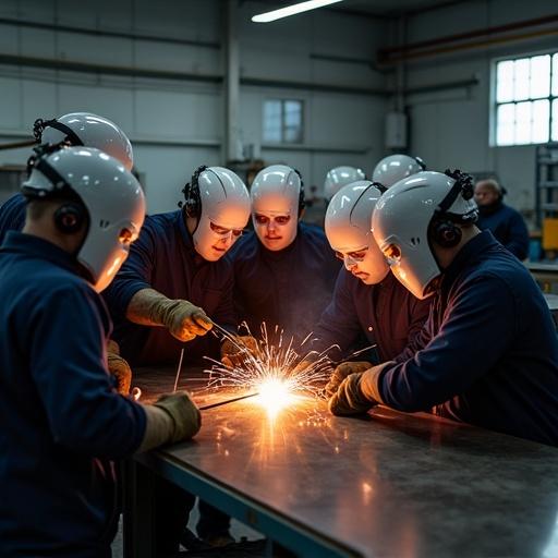 A group of adult students gathers around a metal workbench in a metalworking workshop. A teacher performs arc welding while students observe. Sparks from the welding are visible. Everyone wears protective gear including welding helmets, gloves, and aprons. The workshop is well-equipped with metalworking tools and features bright overhead lighting. Several students form a semicircle around the teacher who is actively manipulating the welding process. The focus is sharp, depicting a documentary style in an indoor institutional setting.