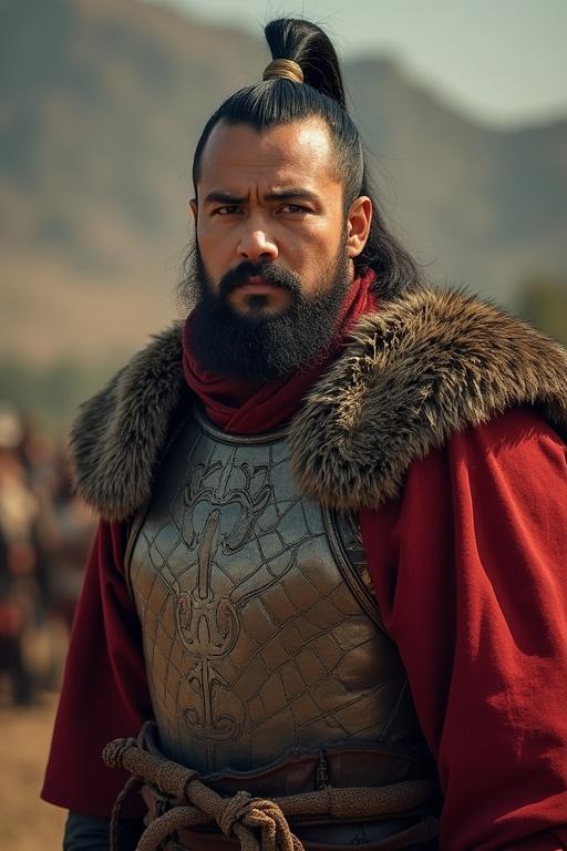 A portrayal of a character dressed as Genghis Khan. The outfit features intricate leather armor and a fur-lined cloak. The character stands confidently amidst a blurred background of warriors in a historical setting. Strong focus on traditional warrior attire.