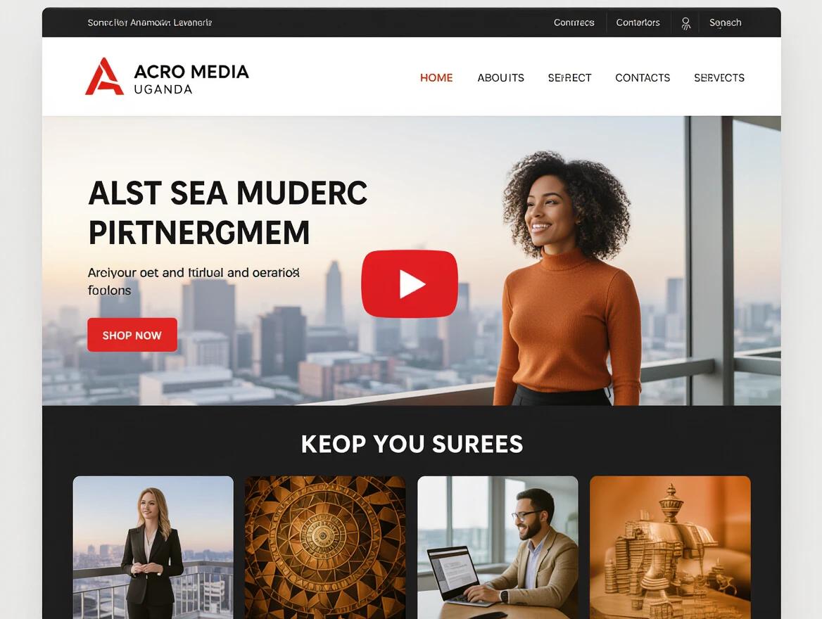 Design a YouTube cover for Acro Media Uganda. Center the play button on a modern layout. Use a black, red, and white color scheme. Incorporate professional elements that showcase media production.