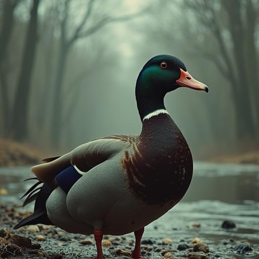 A close-up of a duck standing by a misty waterway surrounded by trees. The atmosphere is calm and tranquil with a focus on the duck's detailed features.