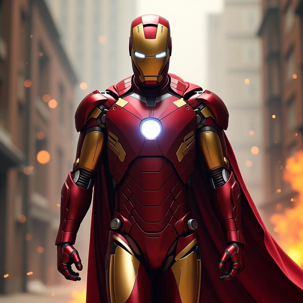 Iron Man wears a kimono-style suit. The setting is urban with an intense atmosphere. The figure is standing confidently with a powering light in the center of the chest.