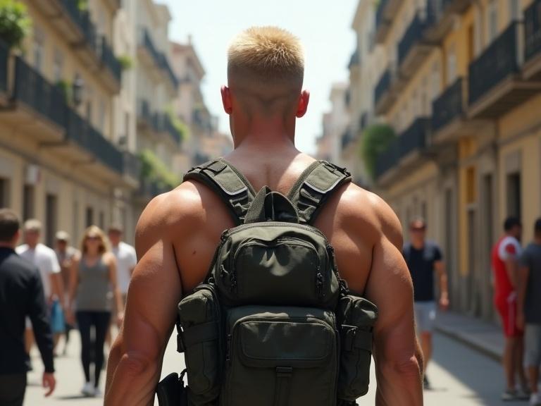 Scene features a busy street during the day. Large muscular ex-special forces man stands with his back to the camera. Very short blond hair seen. Subject is fully clothed. Photorealistic quality.