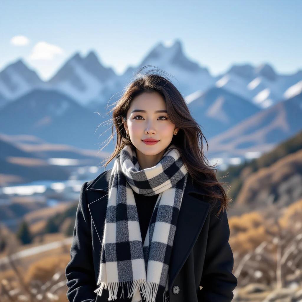 Young woman standing outdoors with a mountain landscape behind. She wears a dark coat and a black-and-white checked scarf. Hair blows gently in the wind. Soft color tones. Natural lighting highlights her face.