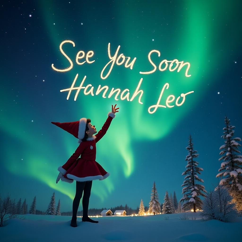 The image features a whimsical elf character dressed in red standing in a snowy landscape. The elf is reaching up towards the night sky, which is illuminated by the stunning northern lights. In the sky, the words 'See You Soon Hannah Leo' are artistically crafted from sparkling lights. The scene radiates a sense of wonder and holiday spirit. Snow-covered trees and a cozy cabin are visible in the background, adding to the festive atmosphere.