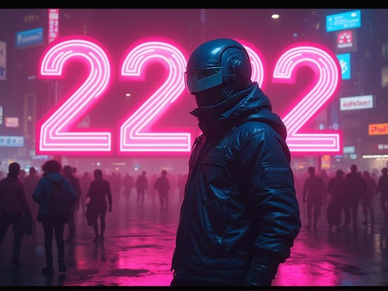 Party scene set in the year 2222. Shiny cyberpunk colors dominate the image. Atmosphere resembles retrofuturistic 1980s sci-fi style. A character is prominently featured amidst a crowd in a vibrant urban setting.