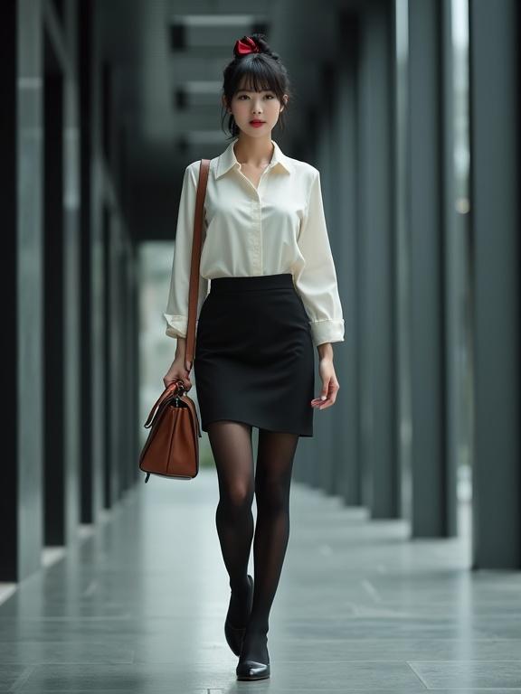 Full-body image features an East Asian female agent in a crisp-white blouse and knee-length skirt walking through an open-air building. She wears black pantyhose and ankle-strap heels. A brown satchel is slung over her figure. Her black hair is neatly bunned with a red bow. The background has dark-grey walls in a modern ambiance.