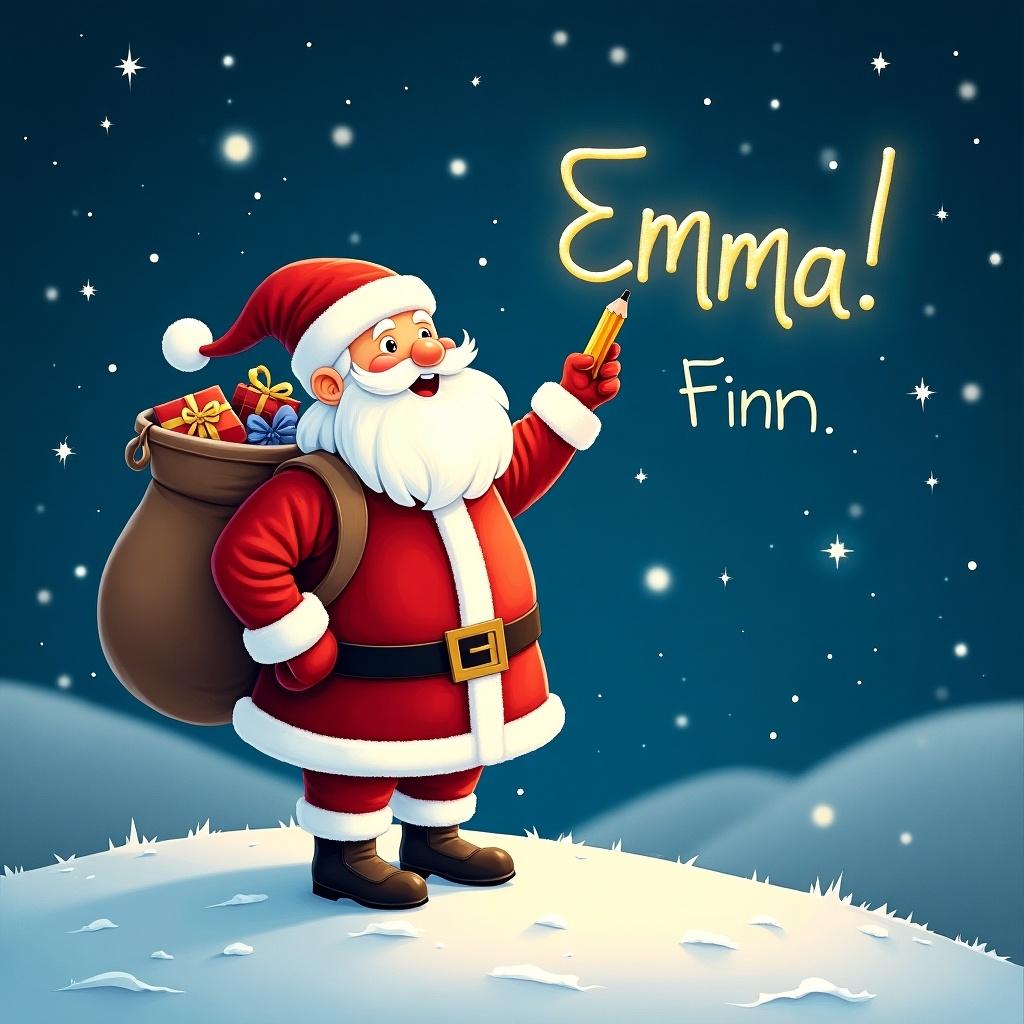 Santa Claus stands on a snowy hill under a starry sky. He is holding a pencil and writing names in the sky. Dressed in a red and white suit with a large sack of gifts. Bright night with twinkling stars around him. The phrase 'Emma!' is displayed in the sky along with the name 'Finn.'