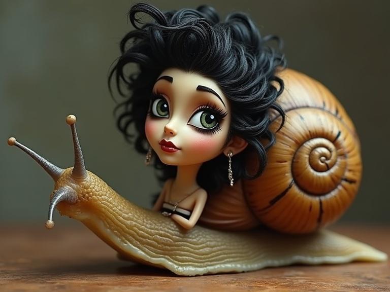 Character design featuring a whimsical version of a woman with large expressive eyes and curly hair riding a large snail. The snail's shell is intricately detailed, and the character exudes personality. The background is softly blurred to emphasize the subject.