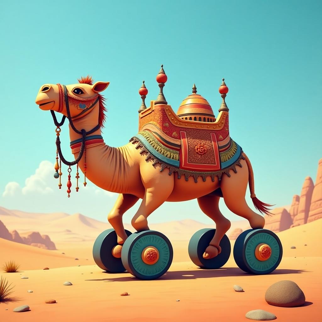 This whimsical image features a stylized camel adorned with intricate decorations. Unlike a typical camel, this one has wheels instead of hooves, adding a playful twist to the traditional image. The camel stands confidently in a vibrant desert landscape, showcasing its colorful design. The background features gentle sand dunes and a clear blue sky, enhancing the overall whimsical feel of the scene. This imaginative creature invites viewers to consider a fusion of nature and fantasy in a unique way.