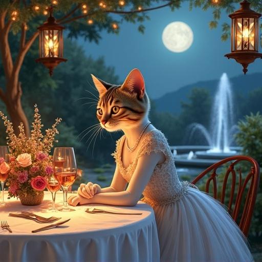 A sophisticated cat portrayed as Marie from Aristocats. Cat wears a vintage outfit while seated at a table in an outdoor terrace setting. Background shows a fountain and lush greenery. Tables set with flower arrangements. Lanterns hang from the trees. Moonlight illuminates her gown. Image has a surreal Disney style watercolor effect.