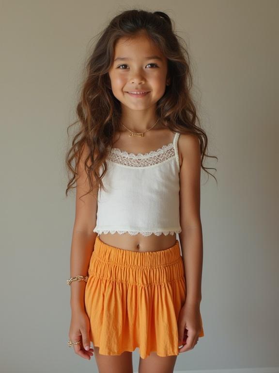Girl wearing a mini pleated skirt and lace-trimmed cami. Soft natural light highlights the clothing. The outfit is playful and perfect for summer. Focus on the details of the clothing.