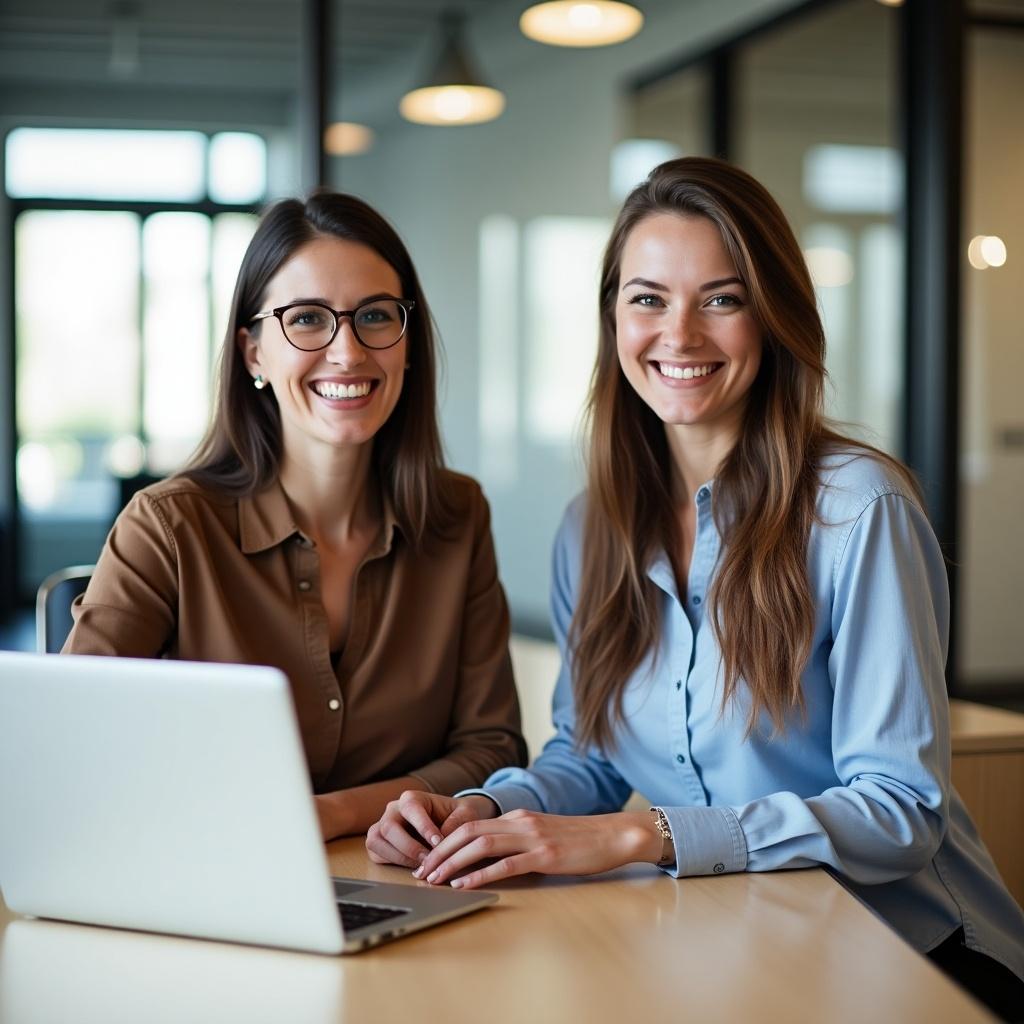 Two women sit next to each other at a table. Each woman uses a laptop. They smile at the camera. The setting is a modern office with natural light.