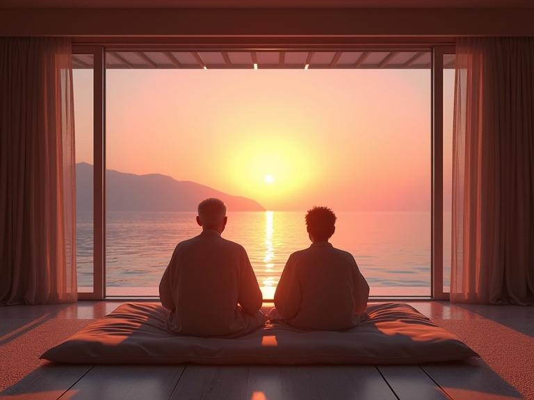 Ultra realistic image of a Japanese elderly couple in a luxurious futuristic island hotel room looking at the sunrise. Room features large glass windows with a view of the ocean and mountains.