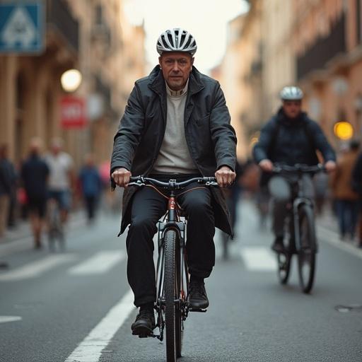 An older man rides a bicycle through a city street. The scene shows urban life with other cyclists and pedestrians in the background. The focus is on the cyclist in casual clothing and a helmet. The street is lined with buildings and signs.