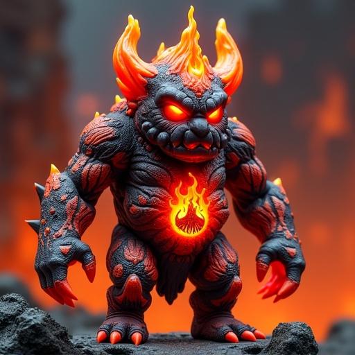 Design fantasy cartoon-style monster toy inspired by early 2000s Italian collectible figures. This is Magmarok the Infernal. He is the fiery leader of the Tribe of the Volcano. He has a towering molten body with lava-like textures. Face resembles a volcanic mask with glowing red eyes. Add large flame-like appendages and regal elements like a volcano emblem and crown of magma. Use a cartoonish PVC style with glossy paint. Color palette includes fiery red, molten orange, and black.