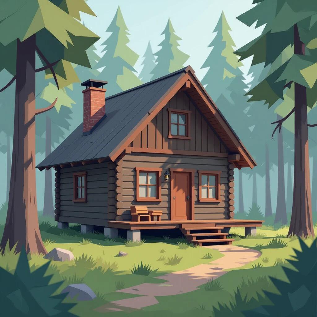 low poly render of a cozy forest cabin surrounded by trees. Soft muted colors create a tranquil atmosphere. Loose brushstrokes add depth and charm.