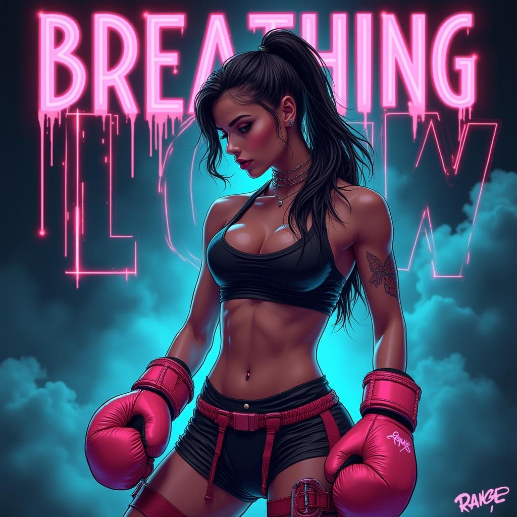 Complex futuristic art features a fit woman with boxing gloves on an album cover design. Bold text reads 'Breathing Low'.