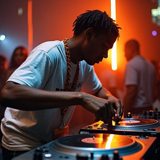 DJ Fritznel Metayer from Haiti performs on two turntables. Rapid movements showcase advanced turntable tricks. Scene takes place during a DJ competition in 1992. Energetic atmosphere enhances the performance.