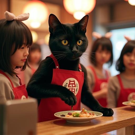 Ultra-realistic photo of a black cat in an apron at Ramen Akaneko. Cat serves food with young girls in Akihabara-style outfits in the background.
