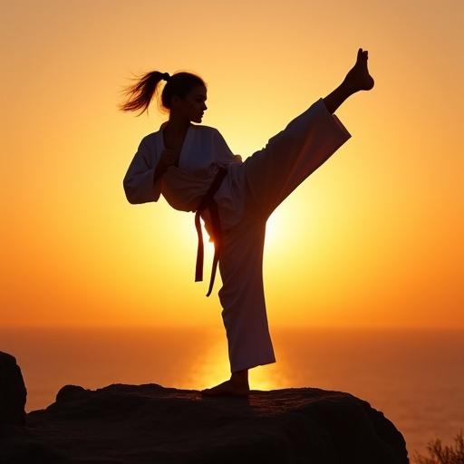 A female karate fighter performs a high kick in silhouette on a rock during sunset. The sunset creates a vibrant orange background. The image captures movement and strength in martial arts.