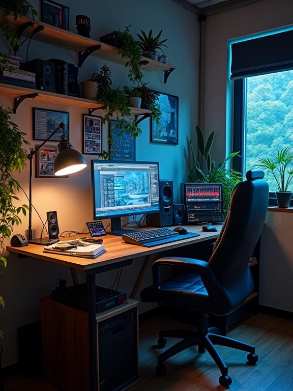 Desk belonging to an electronic engineer. Includes computer monitors, plants, and warm lighting. Clean and organized workspace.