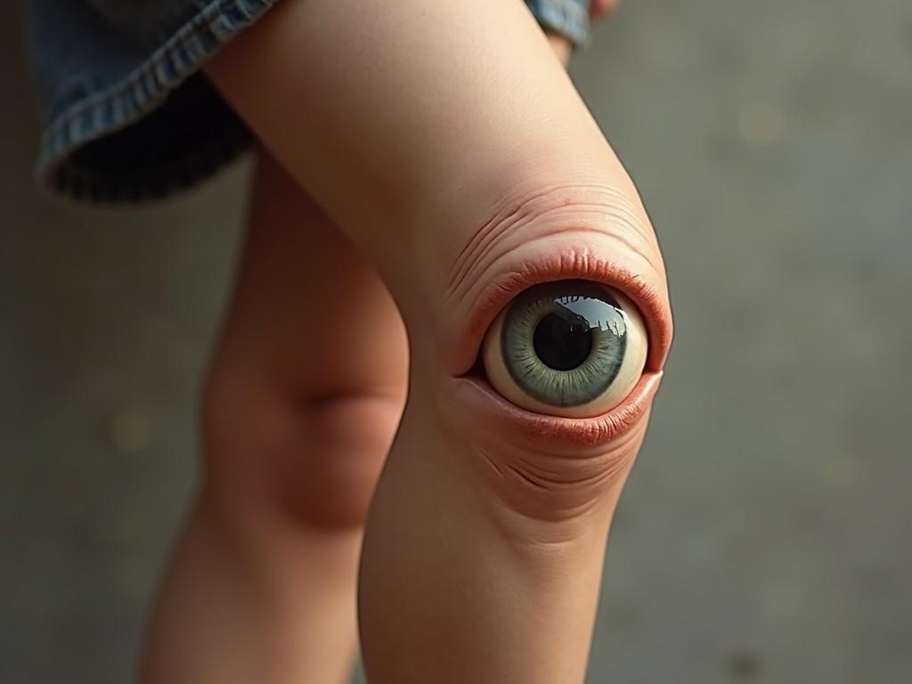 This surreal image features a human knee with an eye where the kneecap should be, blending the anatomical elements of a leg and an eye in a thought-provoking manner. The vivid detail of the eye contrasts with the natural skin tone, creating a fantastical and somewhat unsettling visual. The leg appears to be standing or slightly bent, adding to the mystery of the piece.