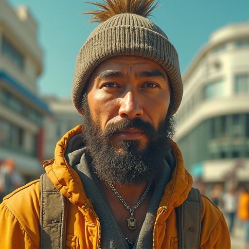 A man with a thick beard dresses like a children's character. He stands on a stage. His eyes are red, and a rubber band tightens on his right arm. He has a hat and distinctive clothing.
