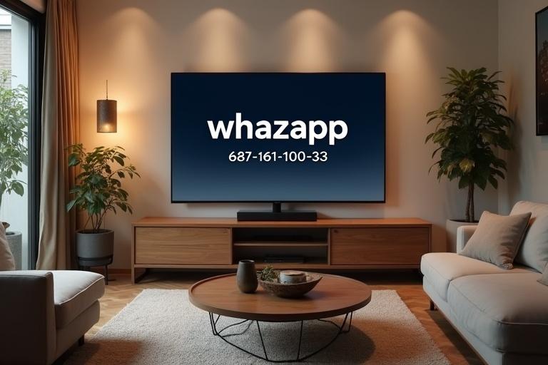 Display the text 'whazapp' with numbers '687-161-100-33' on a television located in a contemporary living room. Include a cozy couch, coffee table and surrounding plants. Use soft warm lighting.