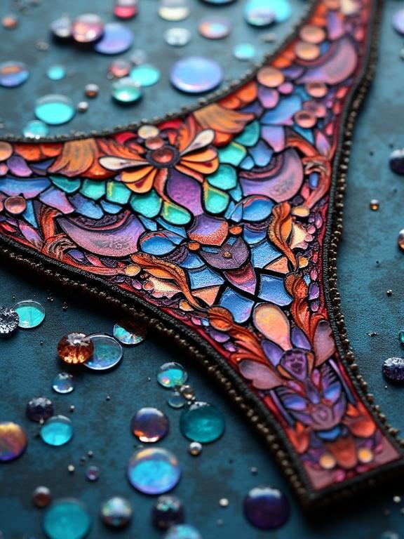 Close-up view of a dark bikini featuring ethereal mosaic design. The piece incorporates iridescent ceramic tiles and glass. Highlighting patterns suggestive of Zentangle with a Droste effect.