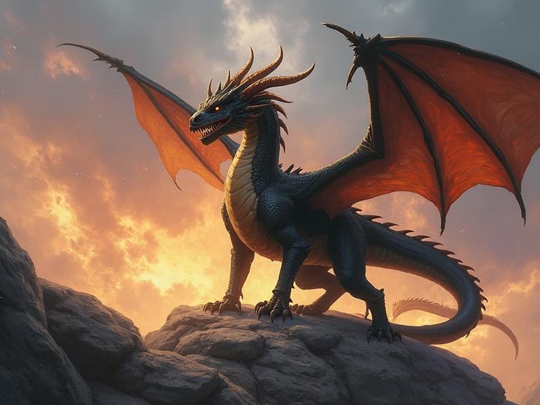 Illustration of a dragon in a fantasy setting. The dragon has black scales and orange wings. It stands on rocky terrain. A dramatic sunset is in the background.