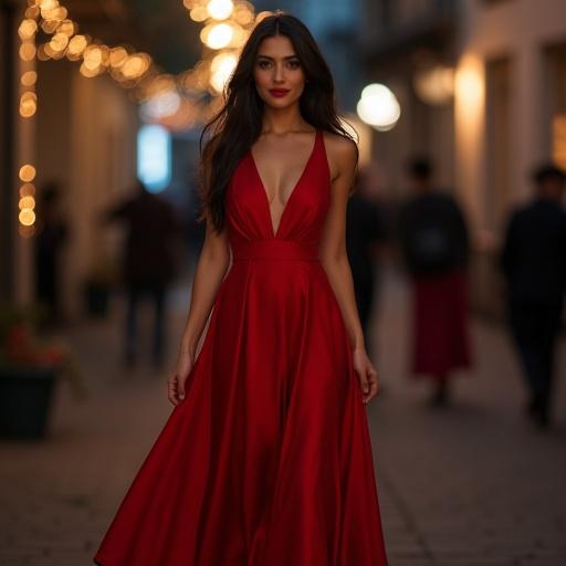Person in a red strapless dress with long dark hair walking in a warm night scene