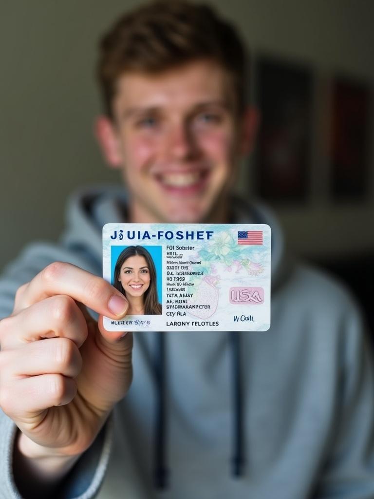 A person holding a US ID card in front of them. The ID card displays various personal details. The person is dressed in a casual hoodie. Background is slightly blurred to emphasize the ID card.