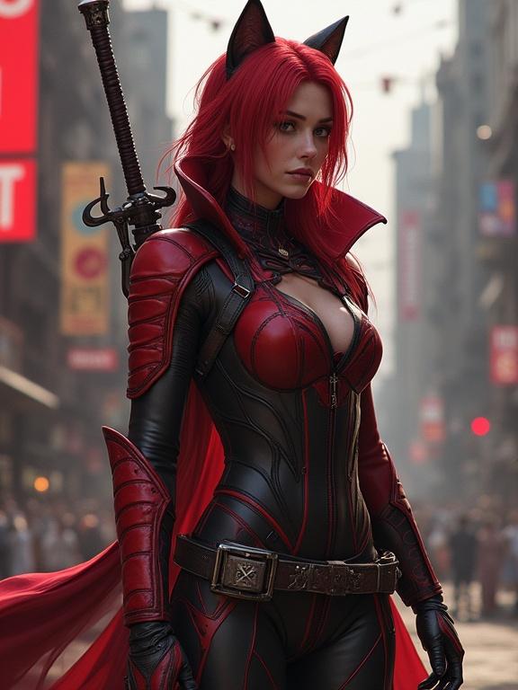 A powerful female character in a red and black catsuit with cat ears and a sword. The scene is set in an urban area filled with bright advertisements.