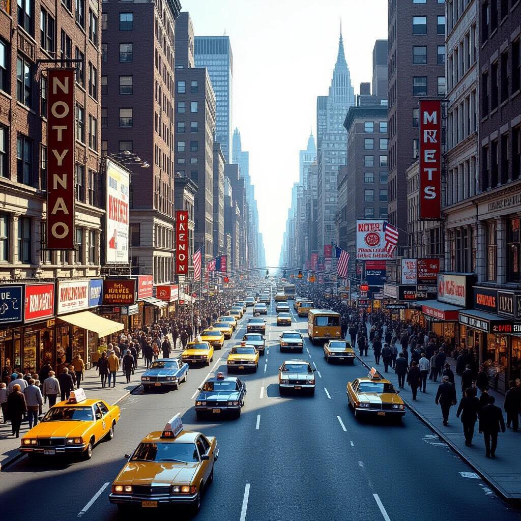 A photorealistic depiction of a busy New York street in the 1980s. The image shows yellow taxis and people crowding the sidewalks.