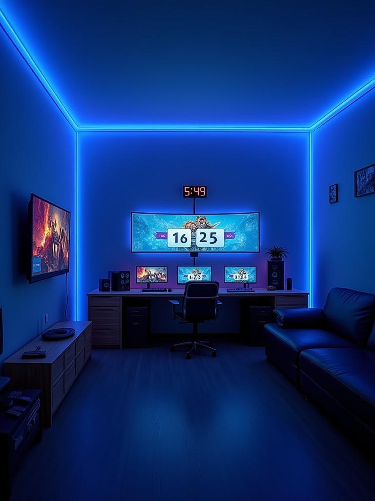 Design a gaming room with blue LED lights. Include screens with a countdown timer for Twitch streaming. Highlight a comfortable setup suitable for gaming and streaming.