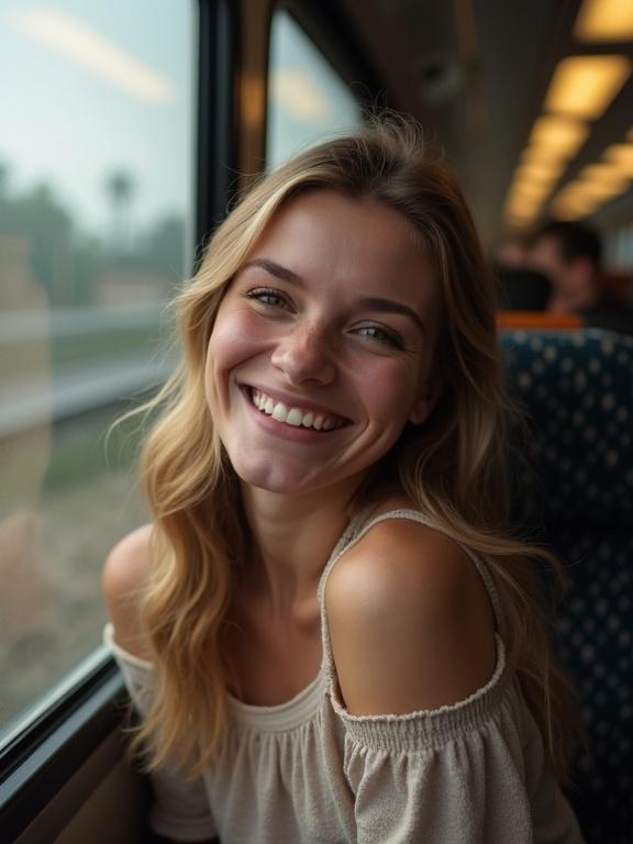 Amateur candid photo features a woman with a beautiful smile traveling on a train. The woman is sitting by the train window. Soft, natural lighting. Warm tones in the image create a welcoming atmosphere. She's enjoying the journey.