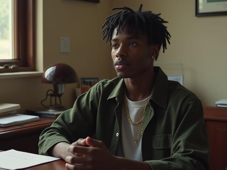 Young black male with dreadlocks sits in a church office. Soft light enters from the windows. Documents are spread on the desk. He wears an urban outfit and looks engaged in conversation.