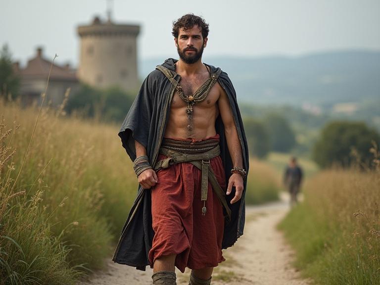 Frontal view of a medieval pilgrim traveling on the Camino de Santiago. The pilgrim wears travel clothing with a long staff and a large shell hanging from the neck.
