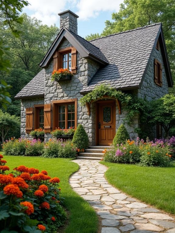 A quaint stone cottage surrounded by colorful flowers. The cottage has a steep dark grey roof and wooden shutters. A winding pathway leads to the entrance. The garden is lush with blooming flowers of red and orange with manicured lawns. The atmosphere is peaceful and inviting, set in a bright daylight scene.