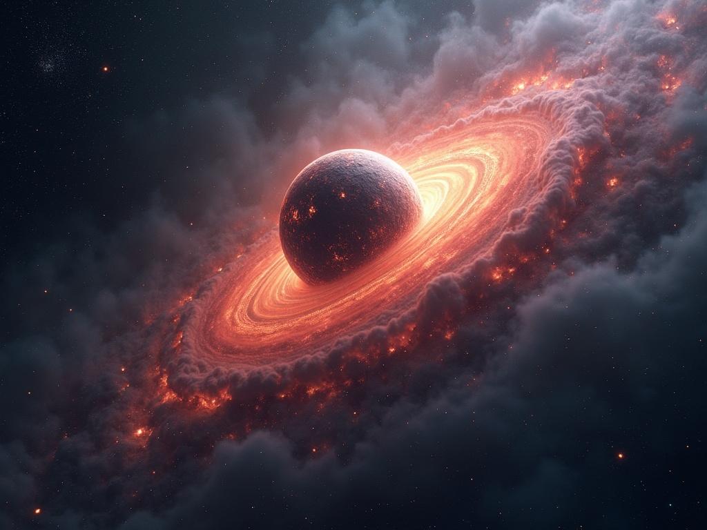 Cinematic view from space featuring a magnetar. Powerful magnetic field visualized as distortion of space. Colorful nebulae present in the background. Scene captures a dark magnetar with bright details. Long exposure and HDR effects enhance the cosmic abyss feel. Observation from a spaceship of a dangerous yet beautiful object.